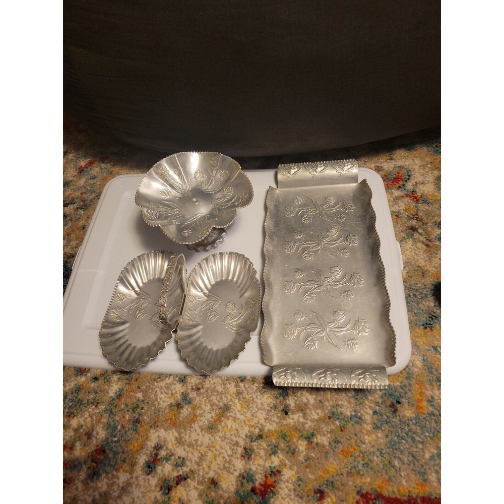 3-Vintage Farber & Shlevin Hand Wrought Aluminum Serving Tray Dish Pedastal Rose